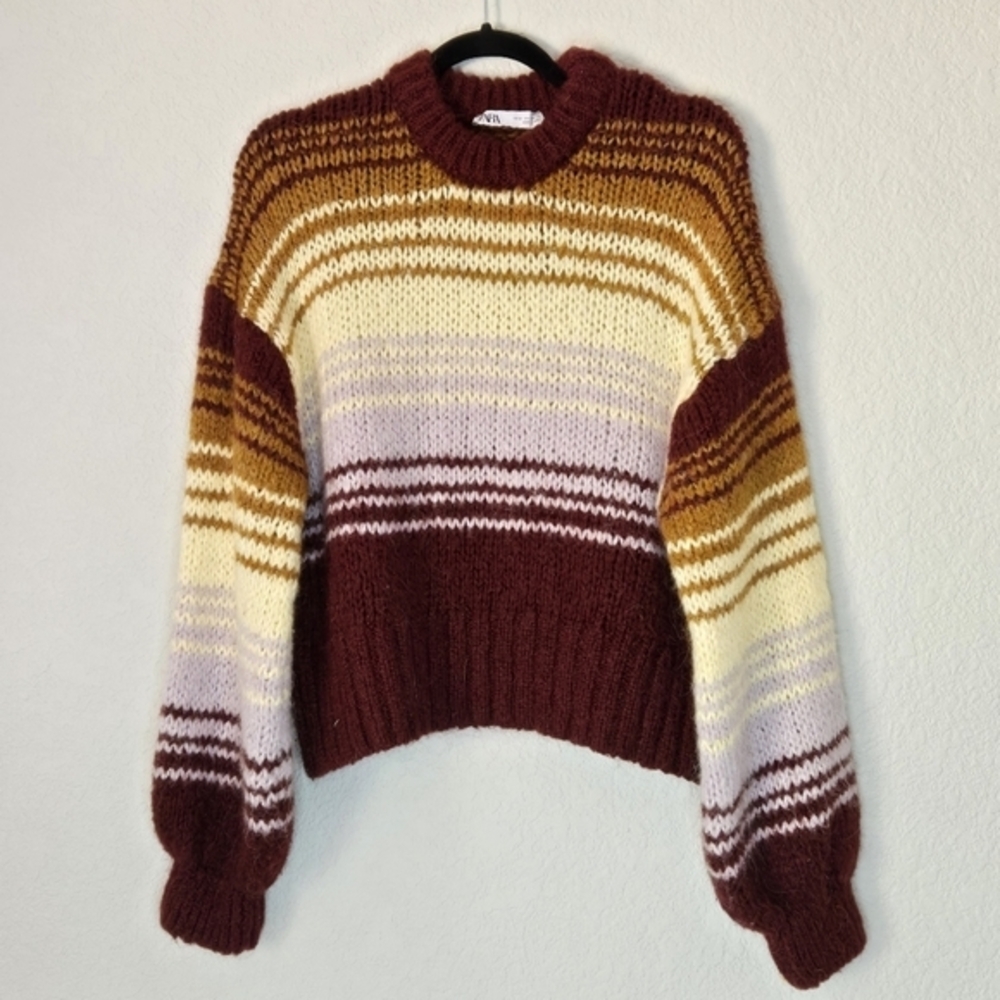 Zara‎ S Desert Stripe Crew Neck Puff Sleeve Pullover Open Knit Sweater